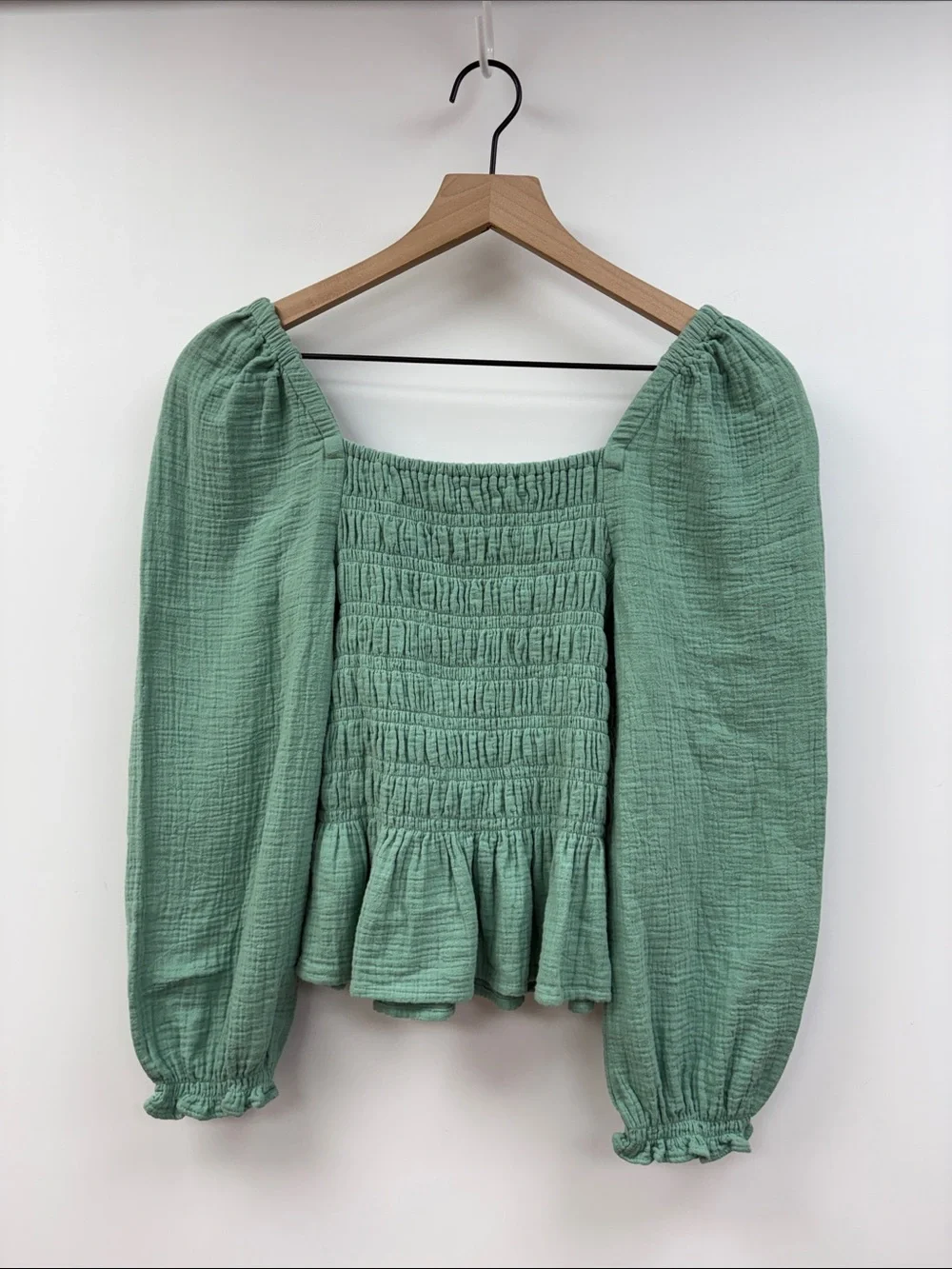 J. Crew Smocked Puff Sleeve Square Neck Woven Blouse Seafoam Green XS